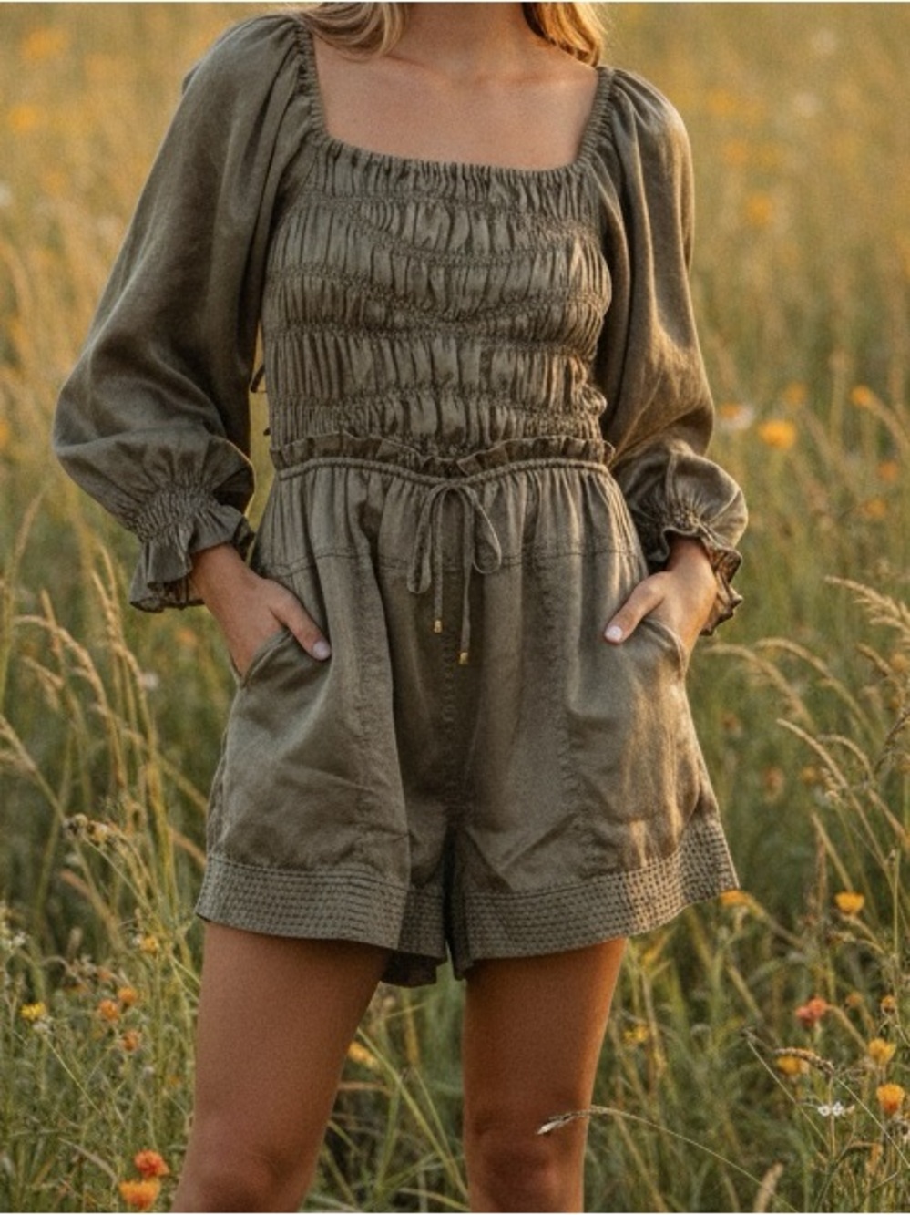 NWOT Free People Satin Smocked Olive-Brown Short Romper Medium 8/10